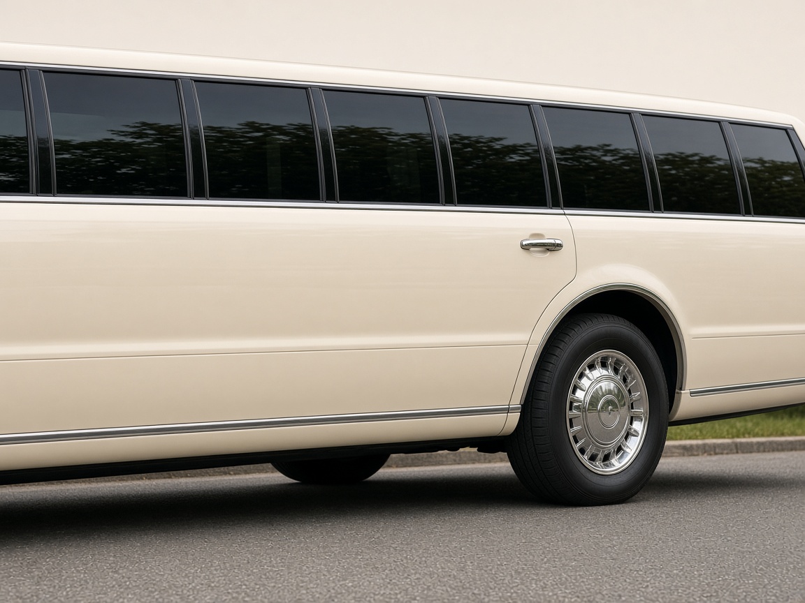 Longue limousine beige vue de côté