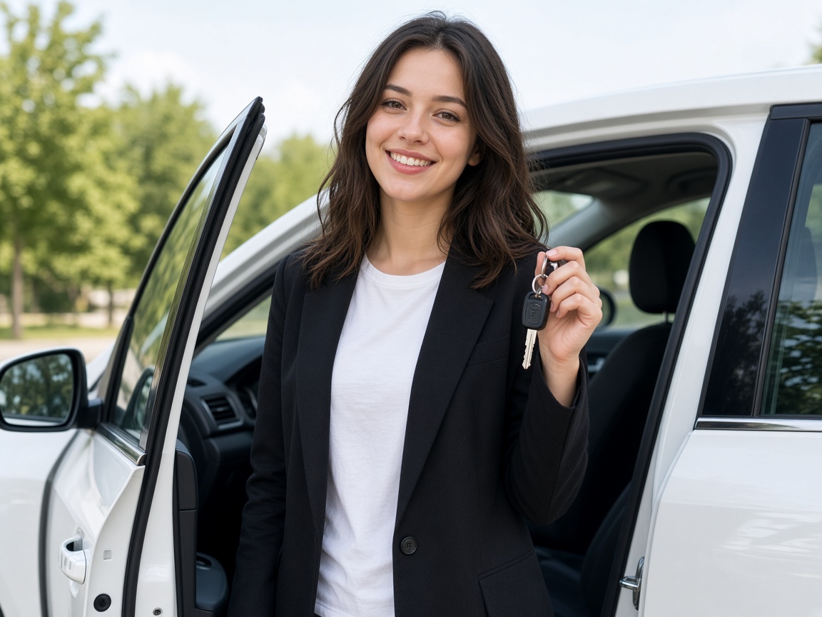 Une femme en veste noire montre les clés d'une voiture blanche