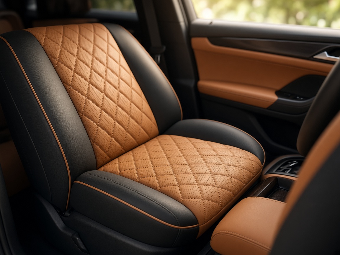 Sièges en cuir fauve et noir dans une voiture de luxe