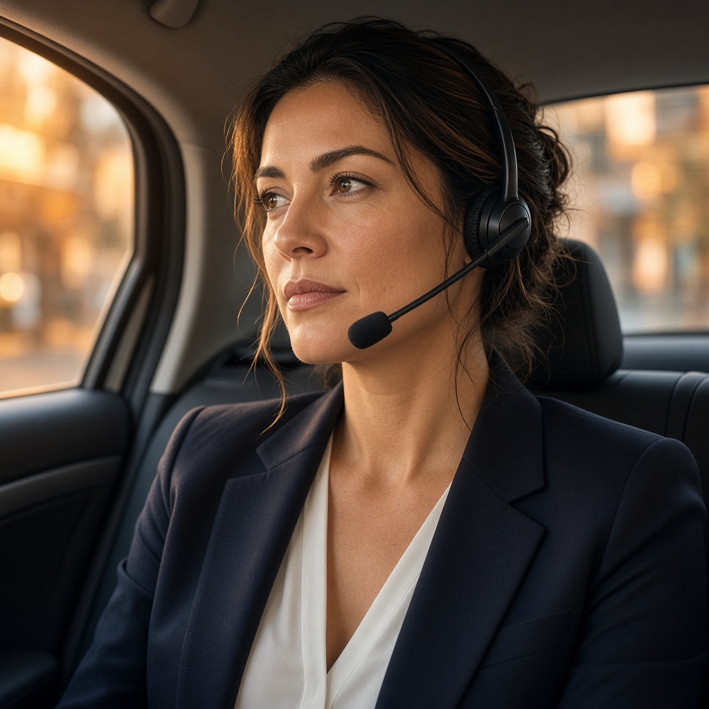 Une femme avec un casque, assise à l'arrière d'une voiture